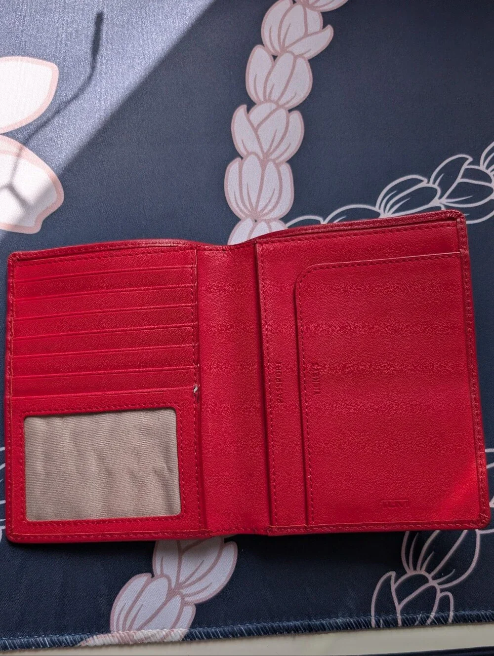Authentic Tumi Red Leather Compact Wallet with Gold Logo
